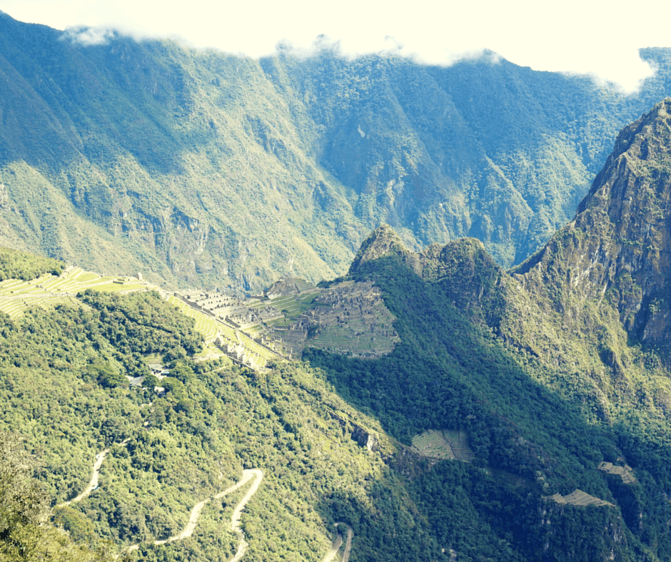 view looking down on Machu Picchu from the Sun Gate