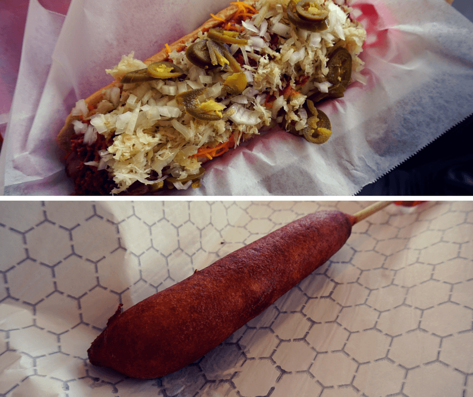 Big Foot Dog with chili, cheese, sauerkraut, and bell peppers, and a hand-dipped corn dog