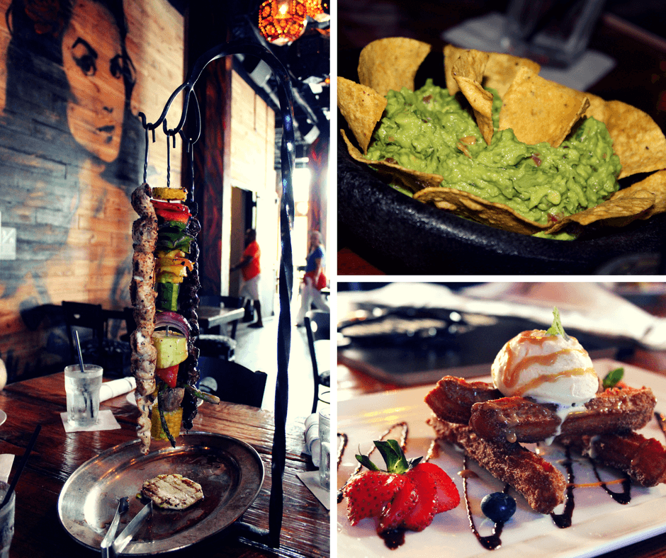 mesquite grilled skewers, nachos with guacamole and salsa, and churros for desserts from Banko Cantina