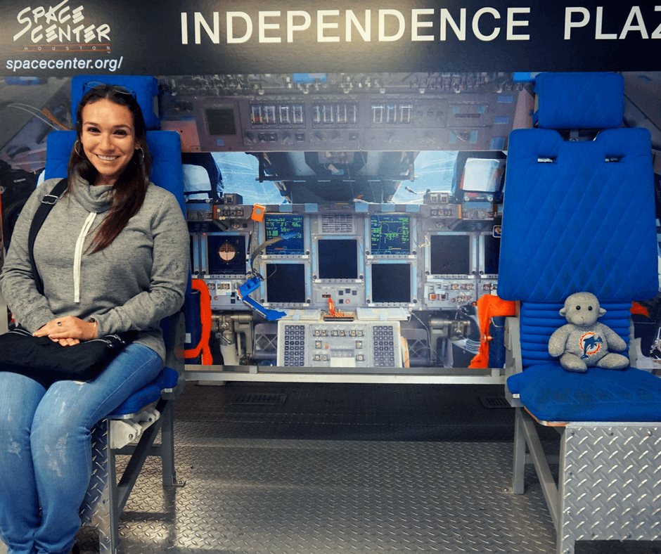 Vicky and Buddy inside Independence Plaza at Space Center Houston