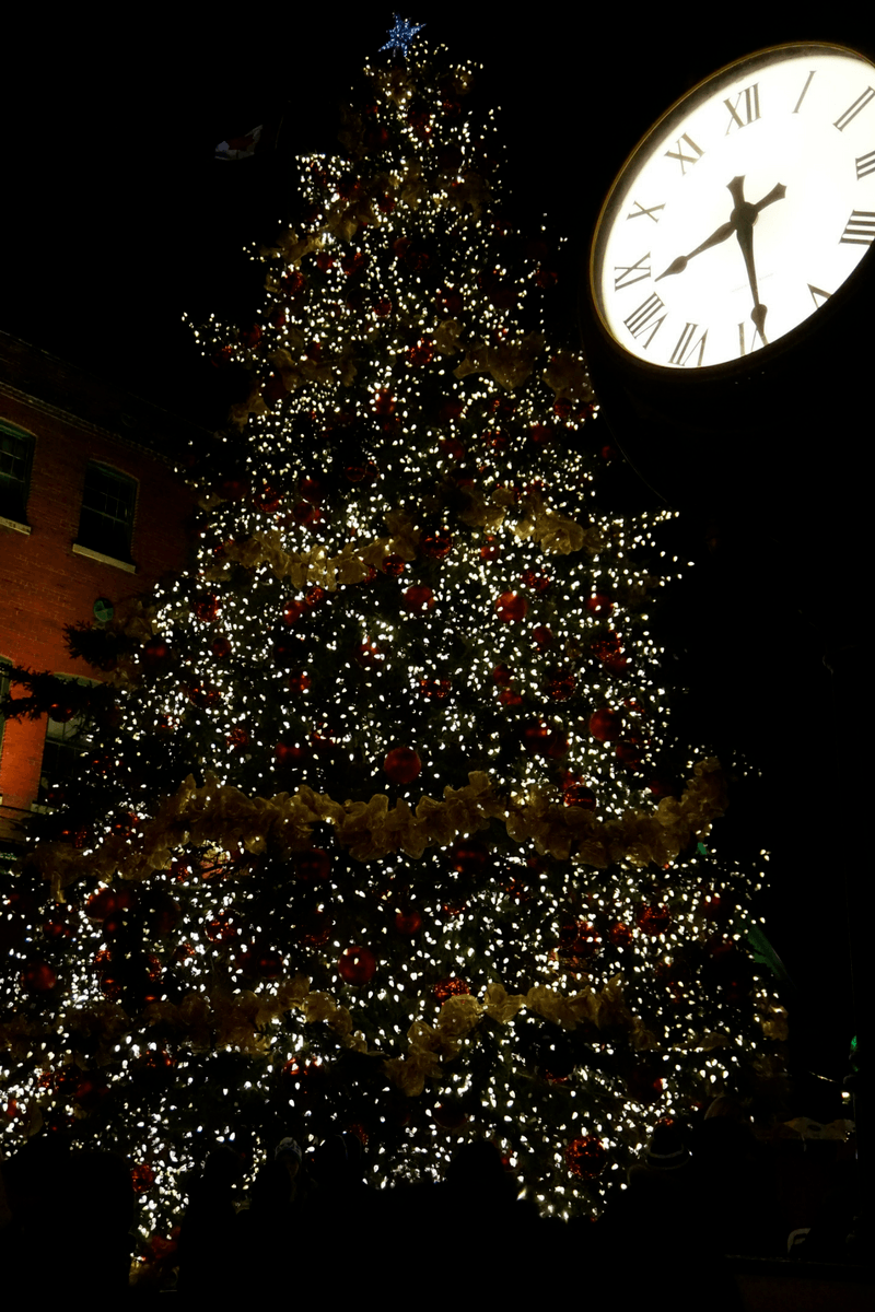 Christmas Market christmas tree and clock at the Distillery District in Toronto