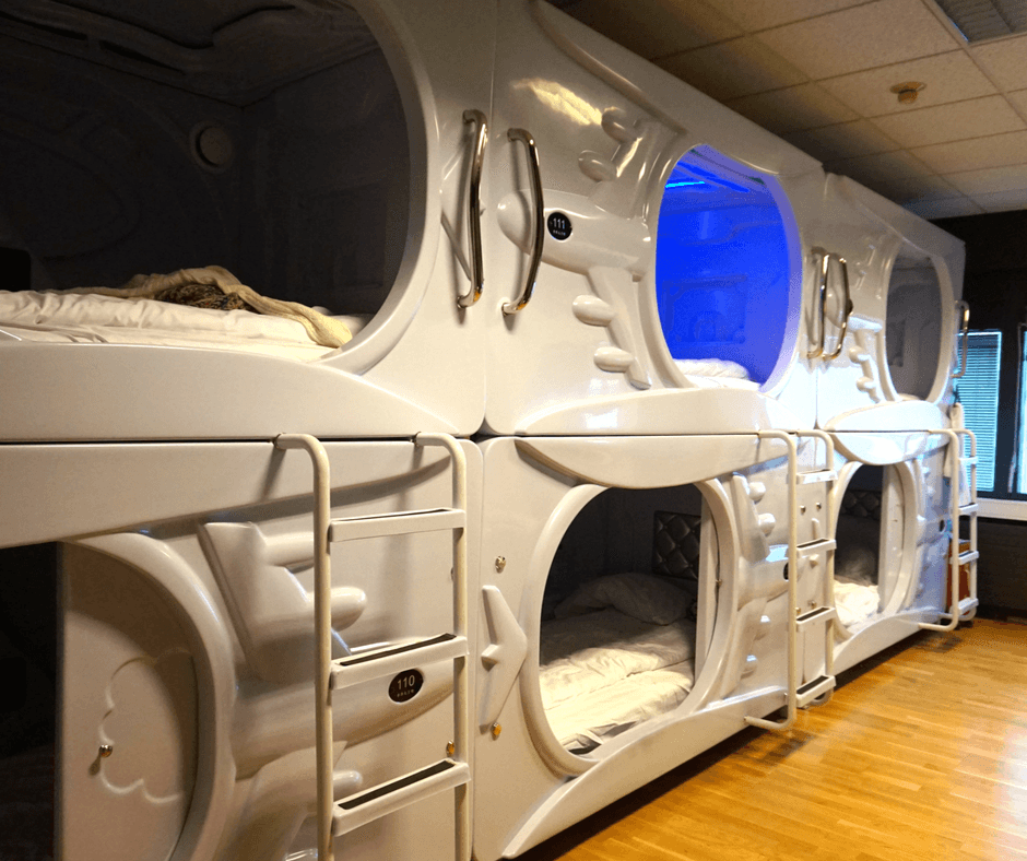 female dorm with six pods at the galaxy pod hostel