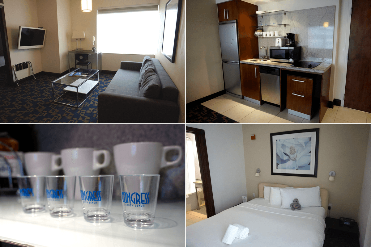 Congress Hotel room, kitchen, and bed