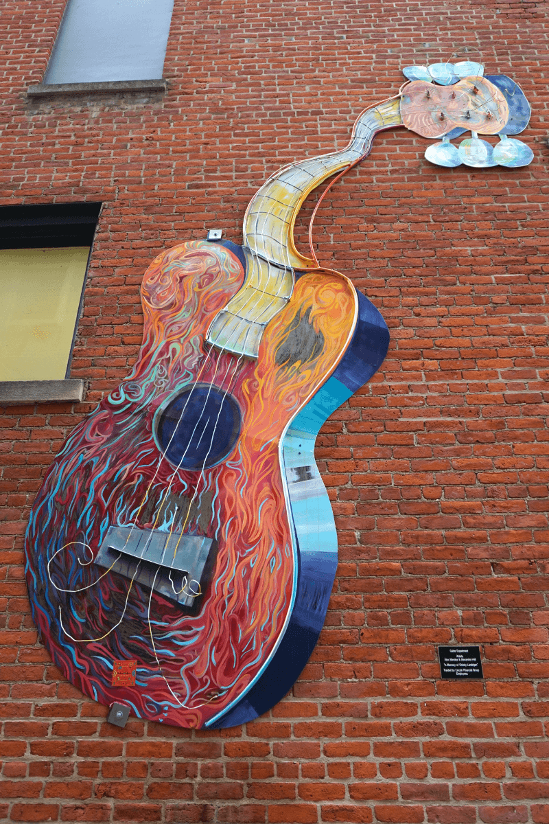 "Guitar Experiment" by Alex Mendez and Alexandra Hall is public art in Fort Wayne, Indiana