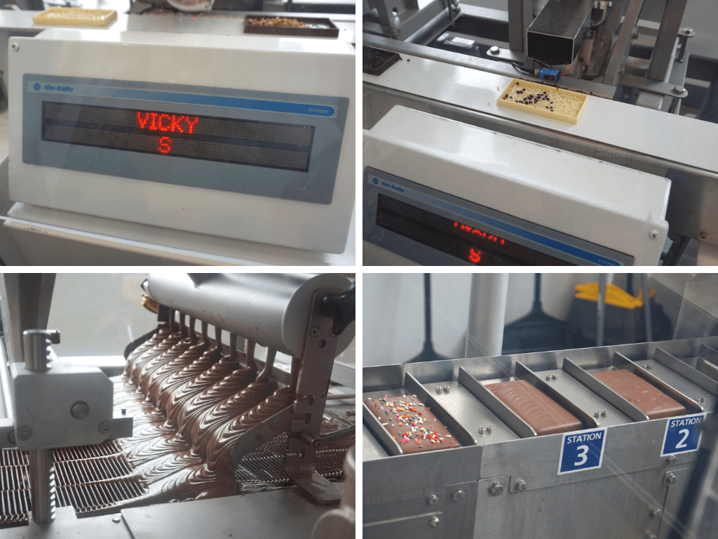 Various stages of the candy bar making process at Hershey Chocolate World