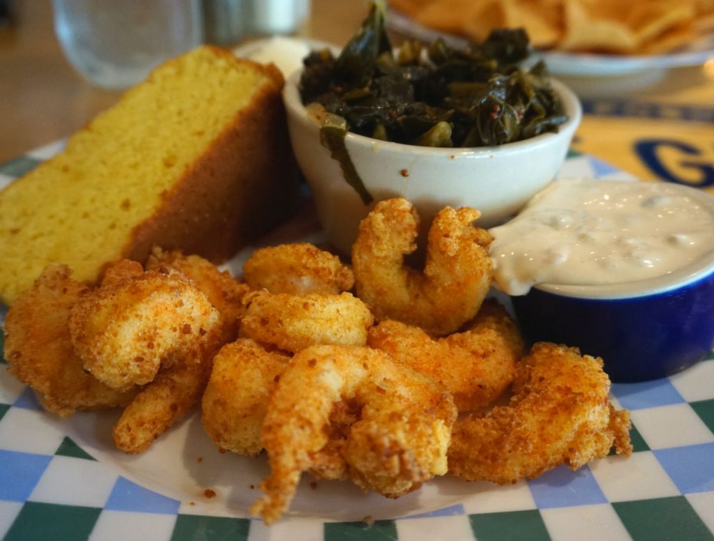 Fried Shrimp with collards and cornbread