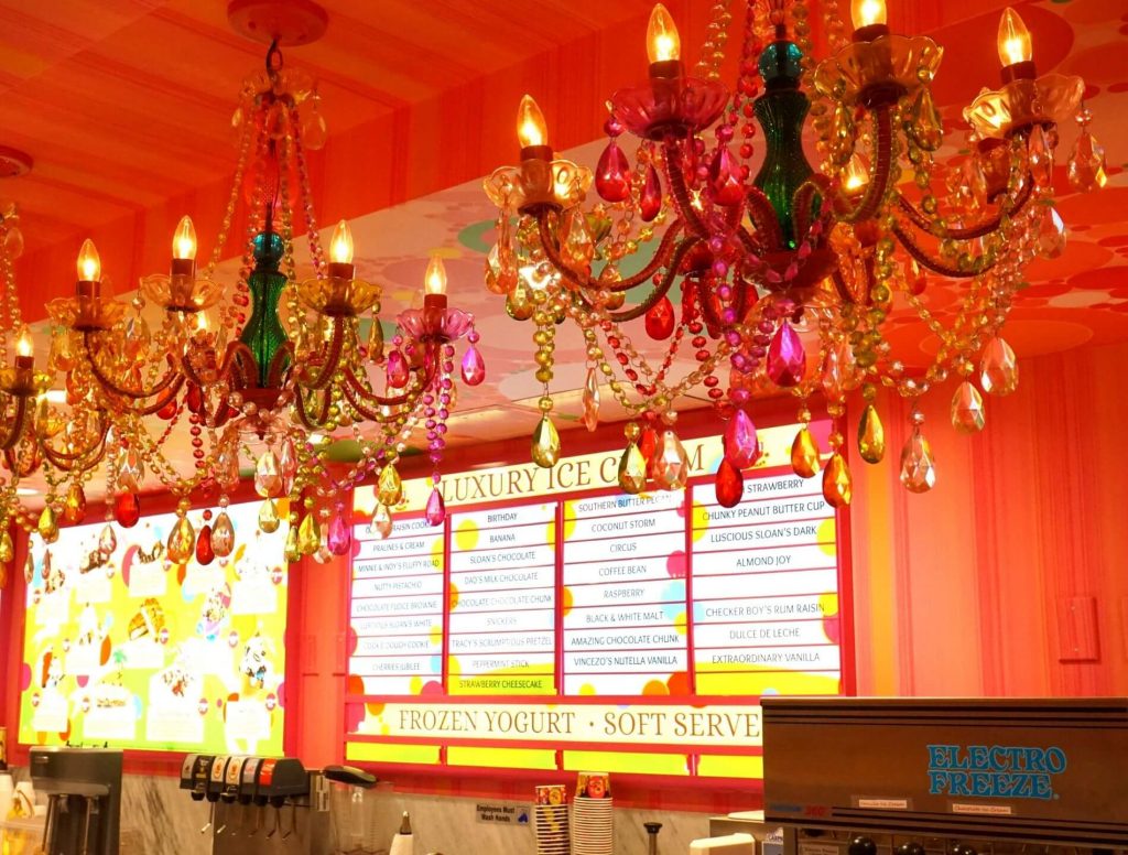 colorful chandeliers at Sloans Ice Cream