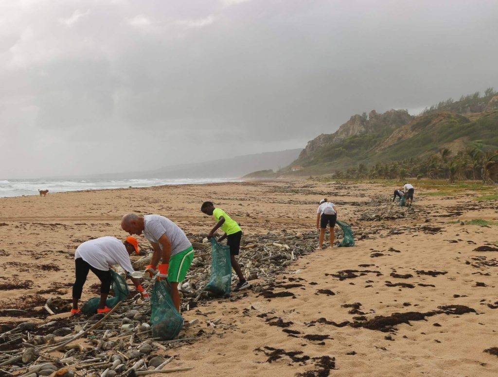 volunteers picking up trash on a beach